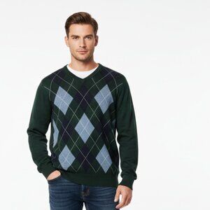 Croft & Barrow Argyle Sweater Men’s Size XXL V-Neck Argyle Green & Grey
